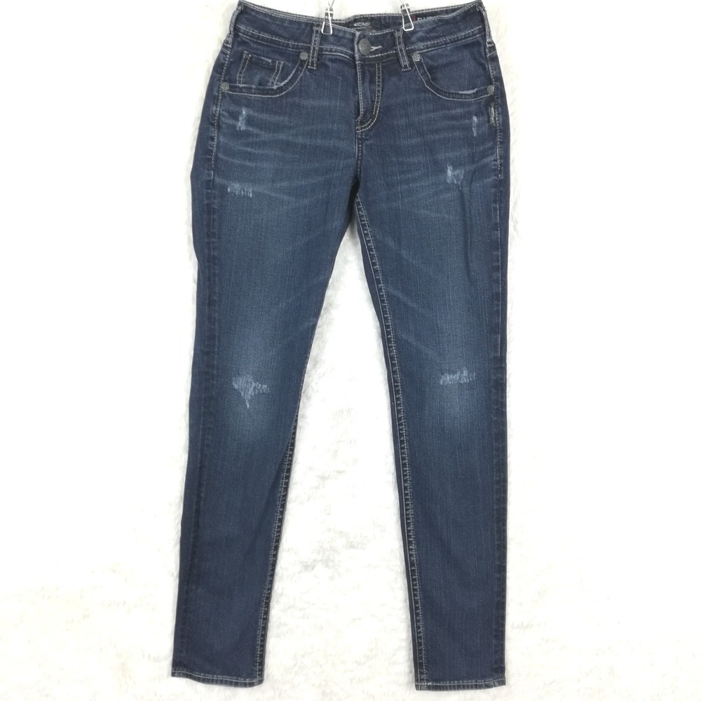 Silver Jeans‎ Womens Boyfriend Blue Denim Distressed Dark Wash Mid Rise 26